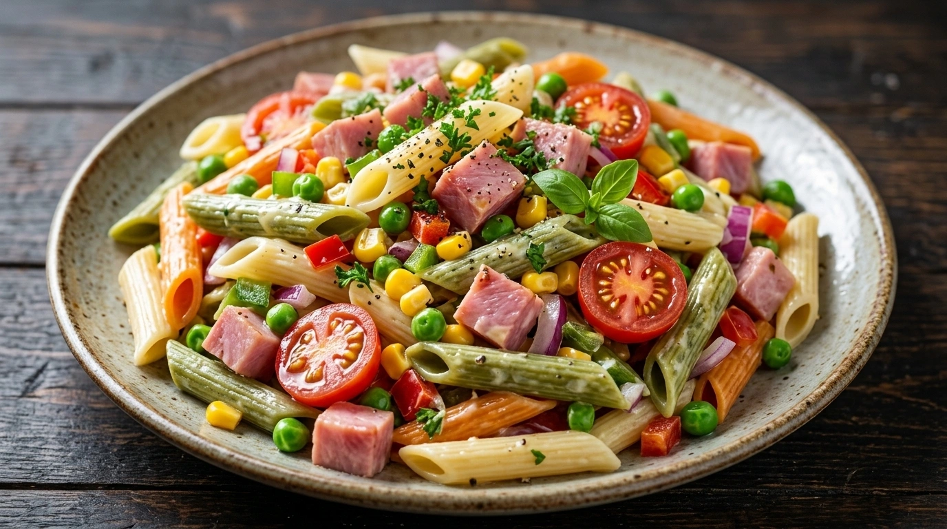 Krämig pastasallad med skinkrester och ärtor